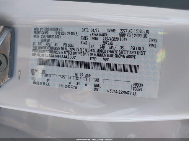 46275926 :رقم المزاد ، 5LMTJ2AH4FUJ42307 vin ، 2015 Lincoln Mkc مزاد بيع