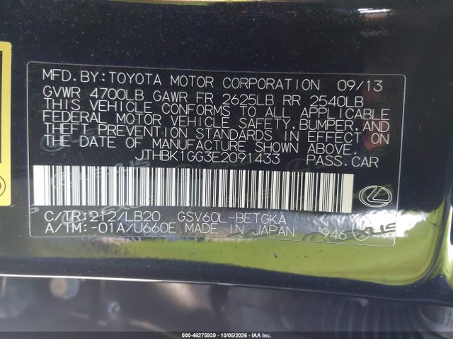46275939 :رقم المزاد ، JTHBK1GG3E2091433 vin ، 2014 Lexus Es 350 مزاد بيع