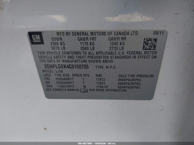 46275967 :رقم المزاد ، 2GNFLGEK4C6150703 vin ، 2012 Chevrolet Equinox Ltz مزاد بيع