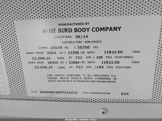 Blue Bird School Bus / Transit Bus 2015 1BABNBCA8FF310410 Image 9