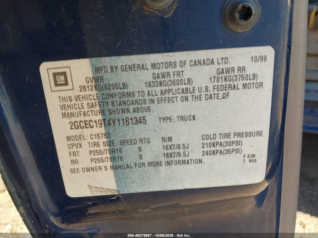 2000 Chevrolet Silverado 1500 Ls მანქანა იყიდება აუქციონზე, vin: 2GCEC19T4Y1181345, აუქციონის ნომერი: 46275997