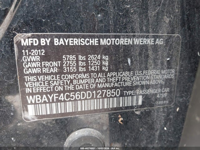 2013 Bmw 740li Xdrive მანქანა იყიდება აუქციონზე, vin: WBAYF4C56DD127850, აუქციონის ნომერი: 46276001