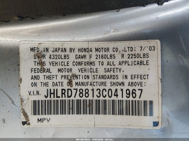 46276023 :رقم المزاد ، JHLRD78813C041967 vin ، 2003 Honda Cr-v Ex مزاد بيع