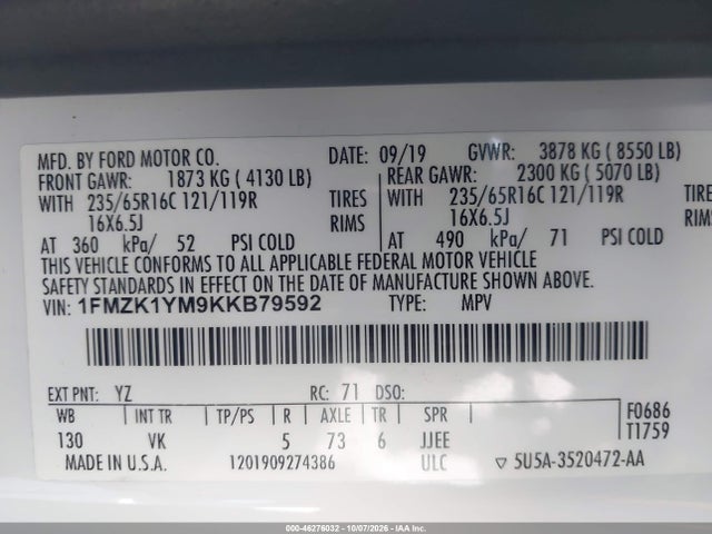 Продаж на аукціоні авто 2019 Ford Transit-150 Xl, vin: 1FMZK1YM9KKB79592, номер лоту: 46276032