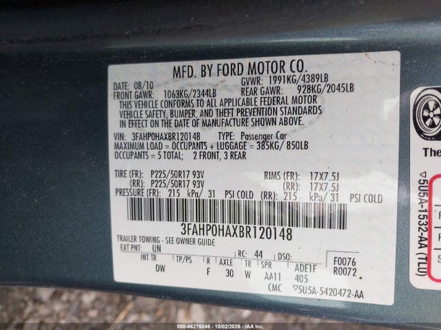 2011 Ford Fusion Se მანქანა იყიდება აუქციონზე, vin: 3FAHP0HAXBR120148, აუქციონის ნომერი: 46276046