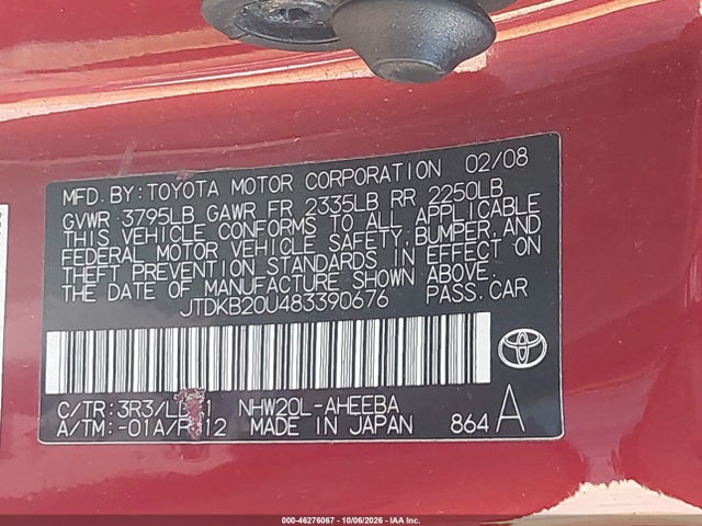 46276067 :رقم المزاد ، JTDKB20U483390676 vin ، 2008 Toyota Prius مزاد بيع
