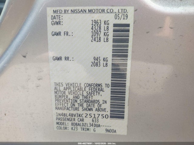 2019 Nissan Altima 2.5 S მანქანა იყიდება აუქციონზე, vin: 1N4BL4BV3KC251750, აუქციონის ნომერი: 46276091