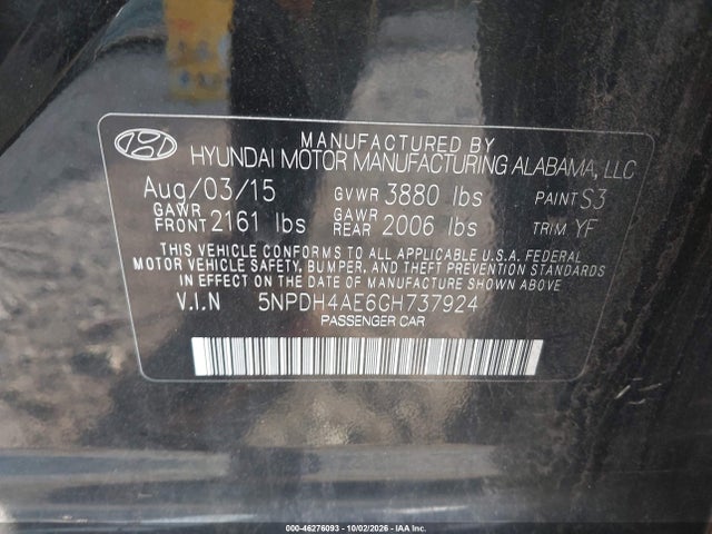 Aukcja sprzedaży 2016 Hyundai Elantra Se, vin: 5NPDH4AE6GH737924, numer aukcji: 46276093