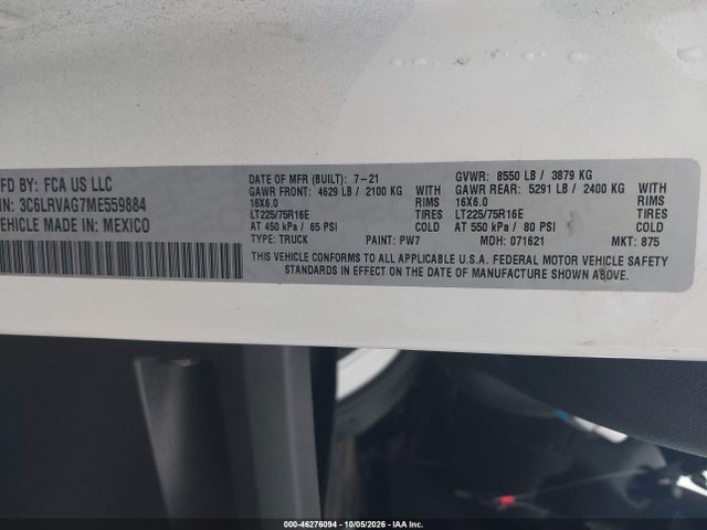 Aukcja sprzedaży 2021 Ram Promaster 1500 Low Roof 136 Wb, vin: 3C6LRVAG7ME559884, numer aukcji: 46276094