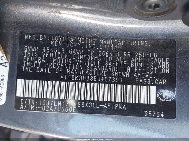 46276096 :رقم المزاد ، 4T1BK3DB8BU407393 vin ، 2011 Toyota Avalon Limited مزاد بيع