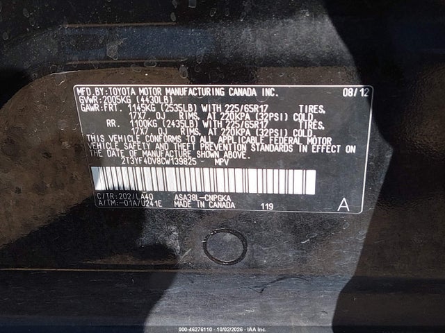 46276110 :رقم المزاد ، 2T3YF4DV8CW139825 vin ، 2012 Toyota Rav4 Limited مزاد بيع