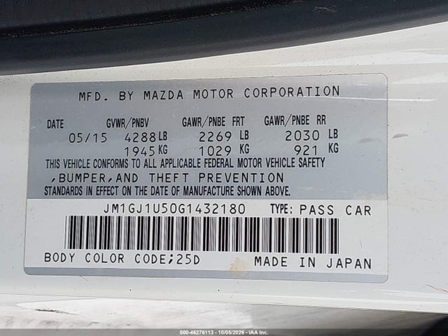 Aukcja sprzedaży 2016 Mazda Mazda6 I Sport, vin: JM1GJ1U50G1432180, numer aukcji: 46276113