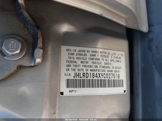 46276129 :رقم المزاد ، JHLRD184XYC027518 vin ، 2000 Honda Cr-v Lx مزاد بيع
