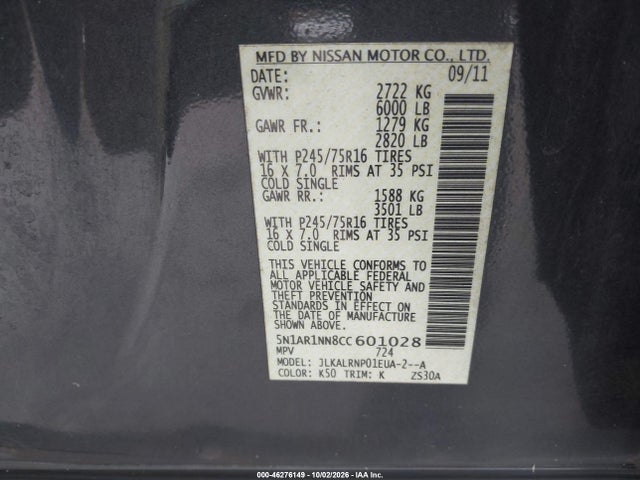 46276149 :رقم المزاد ، 5N1AR1NN8CC601028 vin ، 2012 Nissan Pathfinder S مزاد بيع