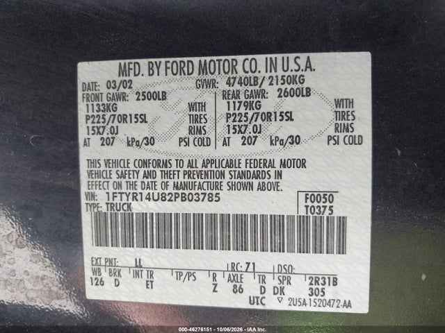 46276151 :رقم المزاد ، 1FTYR14U82PB03785 vin ، 2002 Ford Ranger Edge/tremor/xl/xlt مزاد بيع