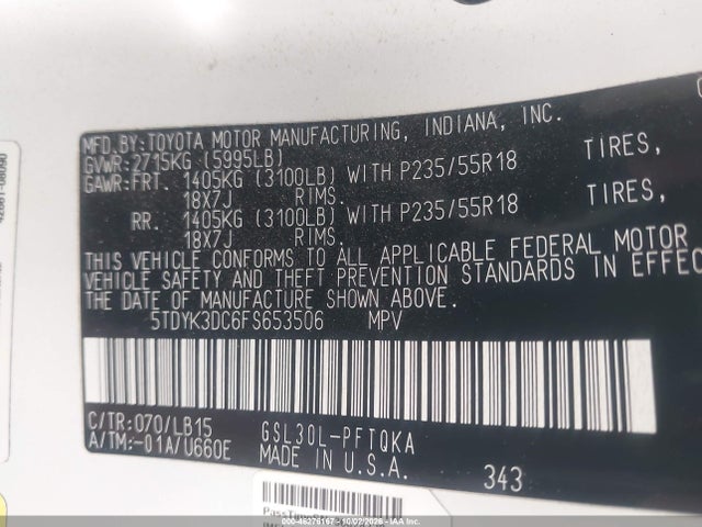5TDYK3DC6FS653506 Toyota Sienna Limited Premium 7 Passenger