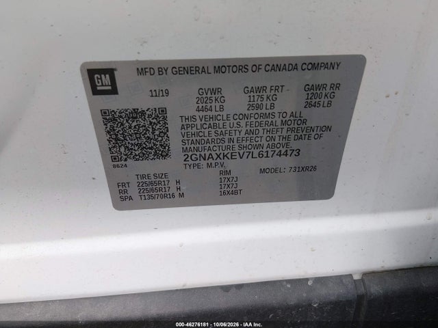 46276181 :رقم المزاد ، 2GNAXKEV7L6174473 vin ، 2020 Chevrolet Equinox Fwd Lt 1.5l Turbo مزاد بيع