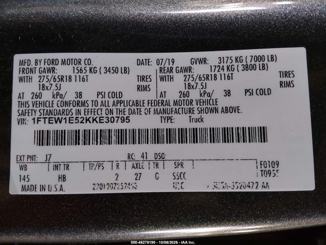 2019 Ford F-150 Lariat მანქანა იყიდება აუქციონზე, vin: 1FTEW1E52KKE30795, აუქციონის ნომერი: 46276190