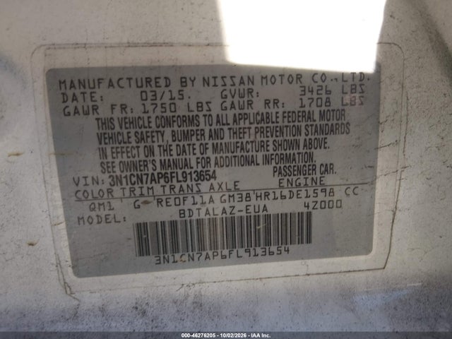46276205 :رقم المزاد ، 3N1CN7AP6FL913654 vin ، 2015 Nissan Versa 1.6 S+ مزاد بيع