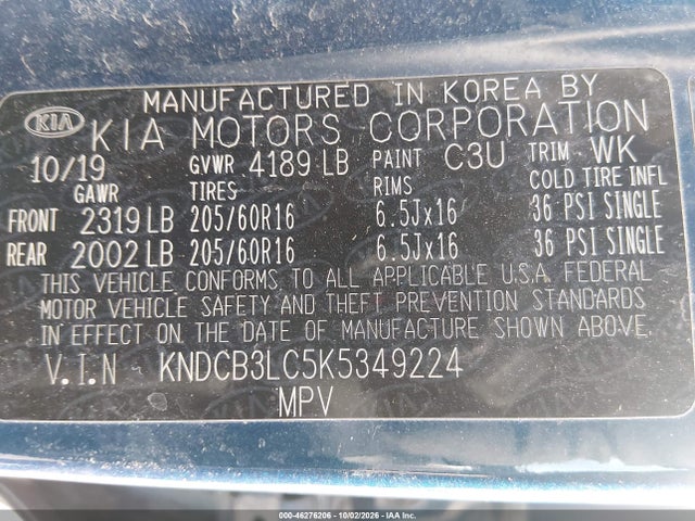 46276206 :رقم المزاد ، KNDCB3LC5K5349224 vin ، 2019 Kia Niro Lx مزاد بيع
