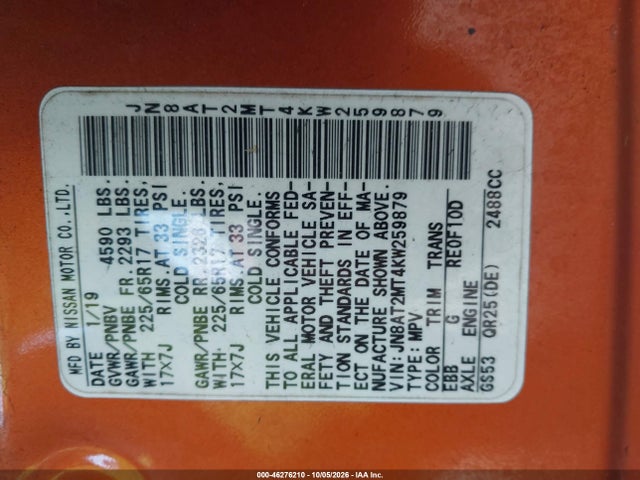 46276210 :رقم المزاد ، JN8AT2MT4KW259879 vin ، 2019 Nissan Rogue Sv مزاد بيع