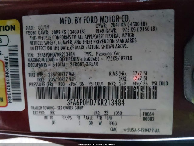Aukcja sprzedaży 2019 Ford Fusion Se, vin: 3FA6P0HD7KR213484, numer aukcji: 46276217