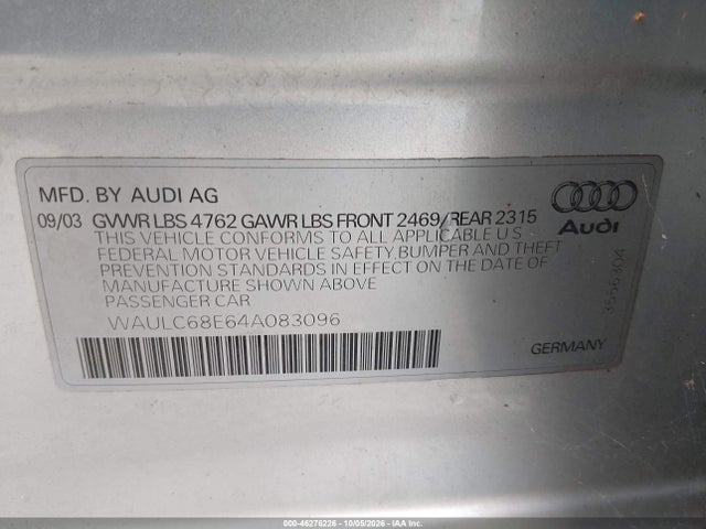 Aukcja sprzedaży 2004 Audi A4 1.8t, vin: WAULC68E64A083096, numer aukcji: 46276226