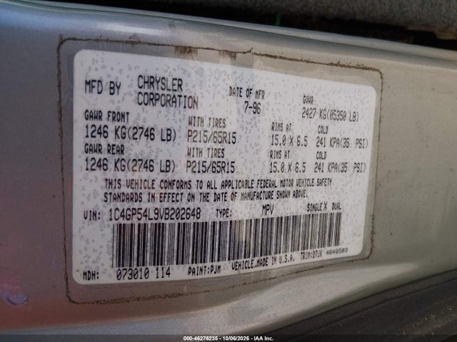 46276235 :رقم المزاد ، 1C4GP54L9VB202648 vin ، 1997 Chrysler Town & Country Lx مزاد بيع