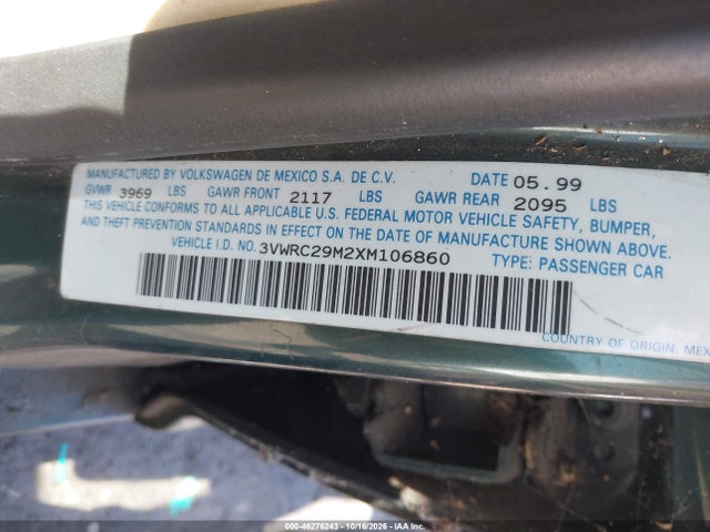Продажа на аукционе авто 1999 Volkswagen Jetta Gl, vin: 3VWRC29M2XM106860, номер лота: 46276243