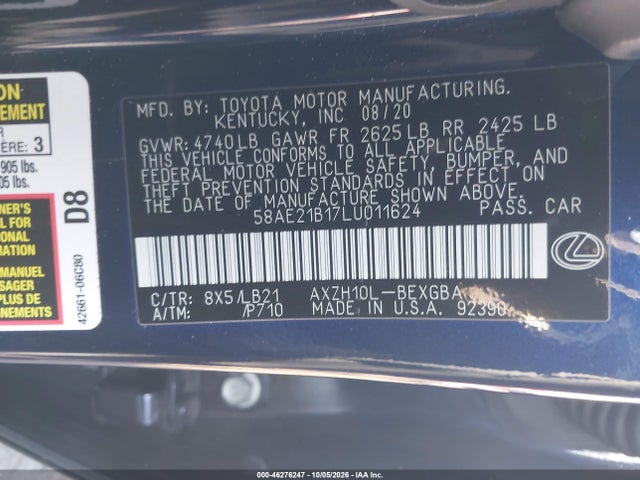 Aukcja sprzedaży 2020 Lexus Es 300h Luxury, vin: 58AE21B17LU011624, numer aukcji: 46276247