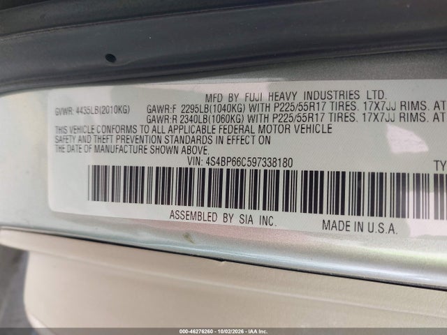 46276260 :رقم المزاد ، 4S4BP66C597338180 vin ، 2009 Subaru Outback 2.5i Limited مزاد بيع