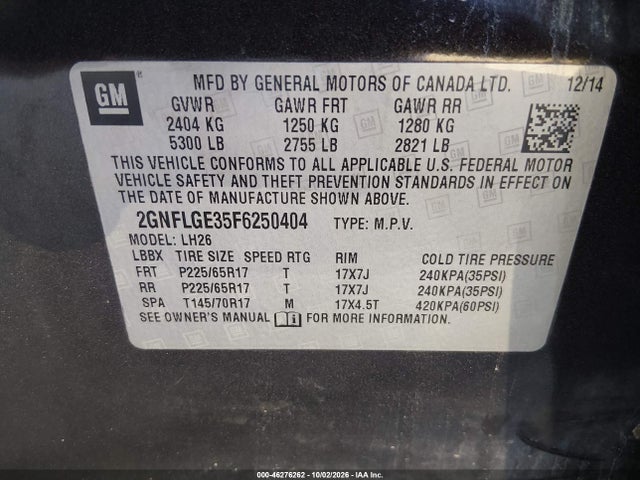 46276262 :رقم المزاد ، 2GNFLGE35F6250404 vin ، 2015 Chevrolet Equinox Lt مزاد بيع