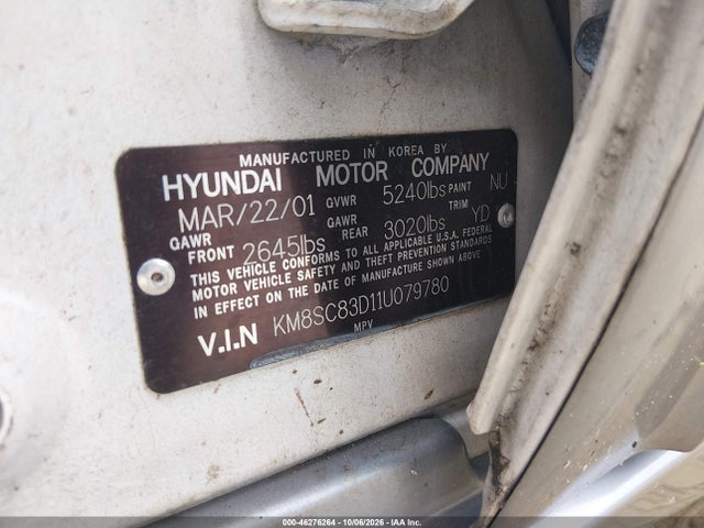46276264 :رقم المزاد ، KM8SC83D11U079780 vin ، 2001 Hyundai Santa Fe 2.7l V6 Gls/2.7l V6 Lx مزاد بيع