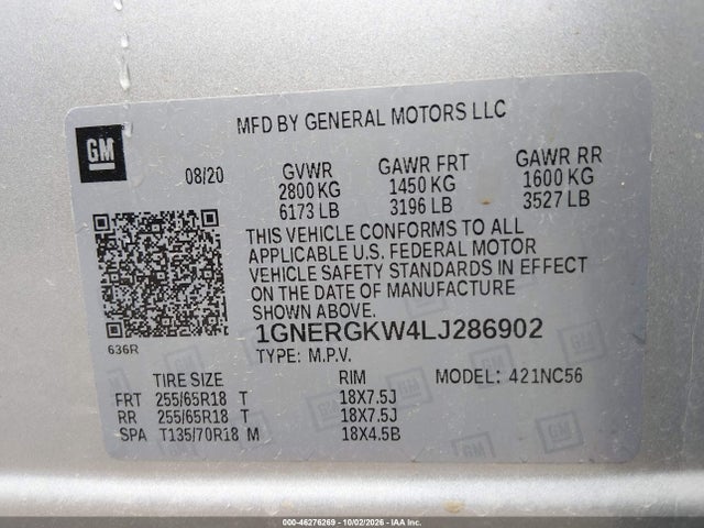Продажа на аукционе авто 2020 Chevrolet Traverse Fwd Lt Cloth, vin: 1GNERGKW4LJ286902, номер лота: 46276269