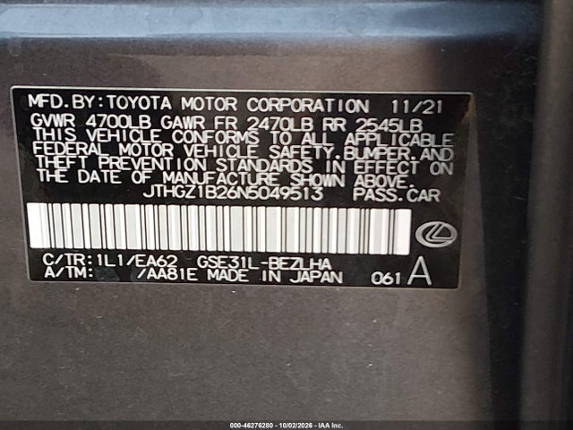 Aukcja sprzedaży 2022 Lexus Is 350 F Sport, vin: JTHGZ1B26N5049513, numer aukcji: 46276280