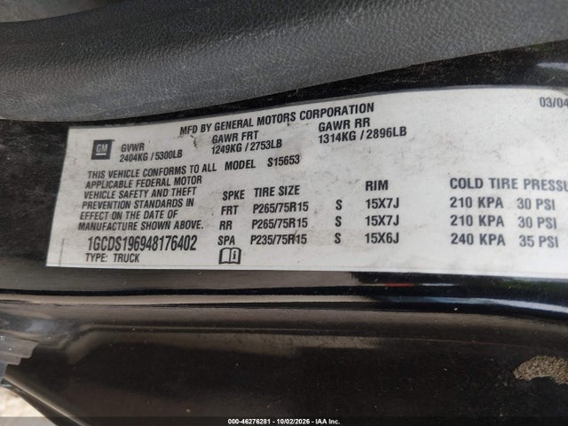 46276281 :رقم المزاد ، 1GCDS196948176402 vin ، 2004 Chevrolet Colorado Ls مزاد بيع