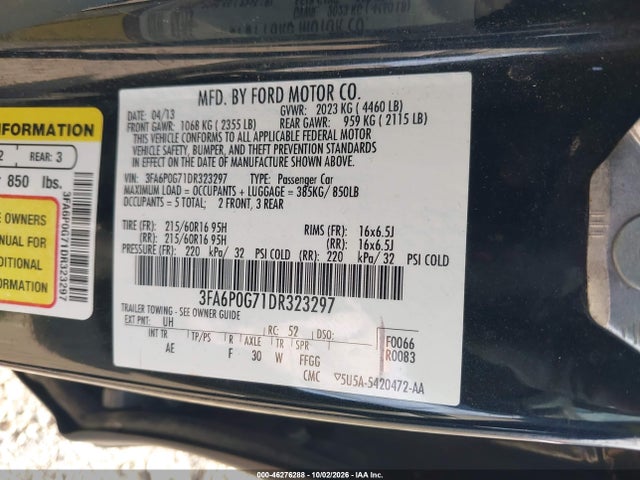 46276288 :رقم المزاد ، 3FA6P0G71DR323297 vin ، 2013 Ford Fusion S مزاد بيع
