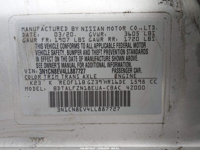 Продаж на аукціоні авто 2020 Nissan Versa Sv Xtronic Cvt, vin: 3N1CN8EV4LL887727, номер лоту: 46276307
