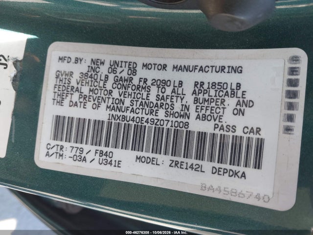 Продажа на аукционе авто 2009 Toyota Corolla Le, vin: 1NXBU40E49Z071008, номер лота: 46276308