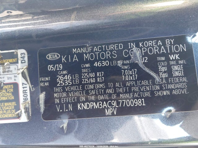 2020 Kia Sportage Lx მანქანა იყიდება აუქციონზე, vin: KNDPM3AC9L7700981, აუქციონის ნომერი: 46276326