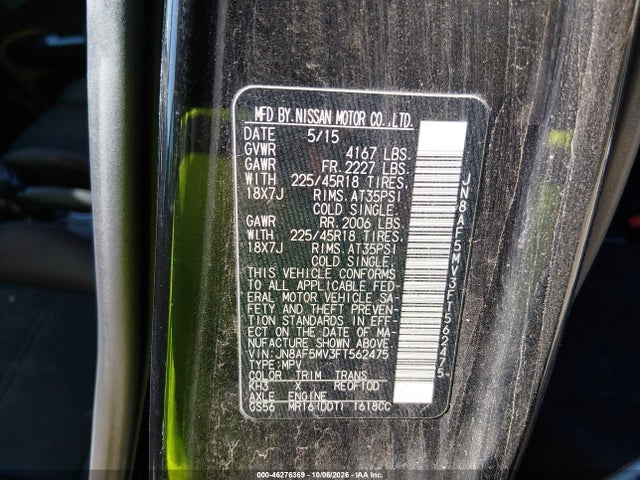 46276369 :رقم المزاد ، JN8AF5MV3FT562475 vin ، 2015 Nissan Juke Nismo/s/sl/sv مزاد بيع