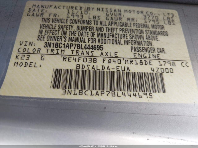 46276373 :رقم المزاد ، 3N1BC1AP7BL444695 vin ، 2011 Nissan Versa 1.8s مزاد بيع