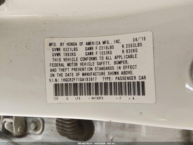 1HGCR2F71GA193817 Honda ACCORD EX