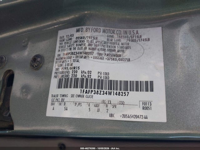 Продажа на аукционе авто 2004 Ford Focus Zts, vin: 1FAFP38Z34W148257, номер лота: 46276395