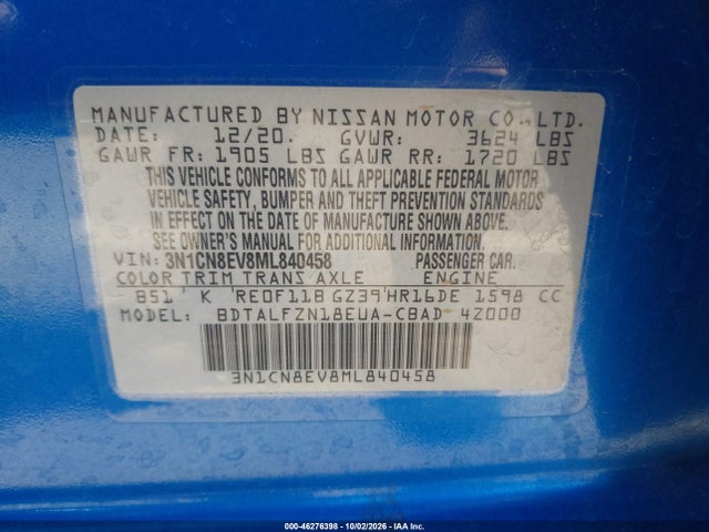 Aukcja sprzedaży 2021 Nissan Versa Sv Xtronic Cvt, vin: 3N1CN8EV8ML840458, numer aukcji: 46276398