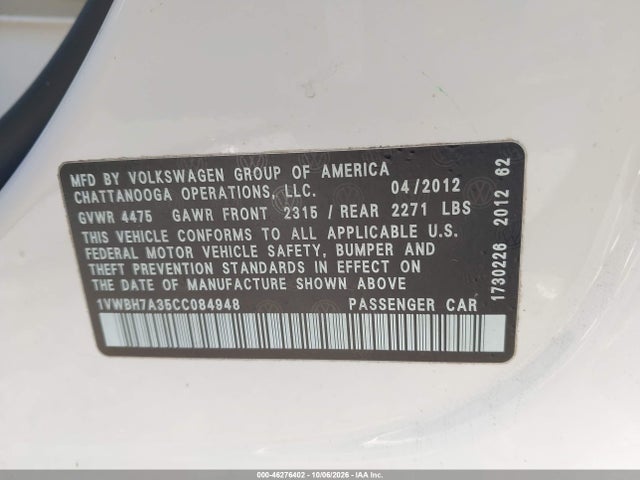 2012 Volkswagen Passat 2.5l Se მანქანა იყიდება აუქციონზე, vin: 1VWBH7A35CC084948, აუქციონის ნომერი: 46276402
