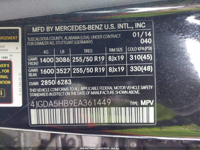 Продажа на аукционе авто 2014 Mercedes-benz Ml 350 4matic, vin: 4JGDA5HB9EA361449, номер лота: 46276405