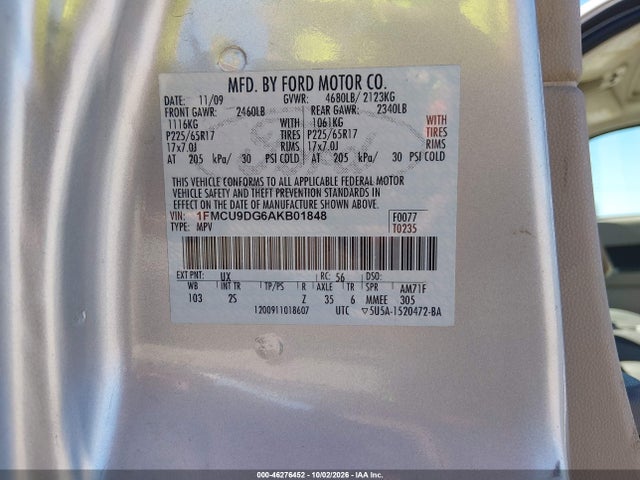 2010 Ford Escape Xlt მანქანა იყიდება აუქციონზე, vin: 1FMCU9DG6AKB01848, აუქციონის ნომერი: 46276452
