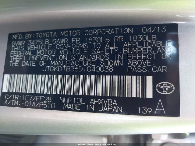 46276463 :رقم المزاد ، JTDKDTB36D1040038 vin ، 2013 Toyota Prius C Two مزاد بيع