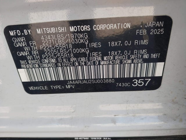 46276468 :رقم المزاد ، JA4ARUAU2SU003880 vin ، 2025 Mitsubishi Outlander Sport 2.0 Es Awc/2.0 Le Awc/2.0 S Awc/2.0 Se Awc/2.0 Trail Edition Awc مزاد بيع